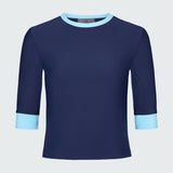 A navy blue short-sleeve top with light blue cuffs and neck trim.