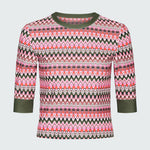 Product flat of a pink and green wavy striped patterned short sleeve swim top with green sleeve cuff