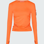 Orange long-sleeve sun protective tee with side ruching and arm zip pocket