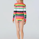 Full body back view of woman wearing a bright colorful striped long-sleeve top and matching swim bikini bottom on a gray background