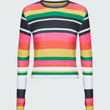 Product image of a brightly colored stripe long sleeve tee with cut outs at thumbs, crew neck, and zipper pocket on bicep of sleeve