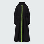 A black hooded long raincoat with yellow zipper.