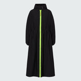 A black hooded long raincoat with yellow zipper.