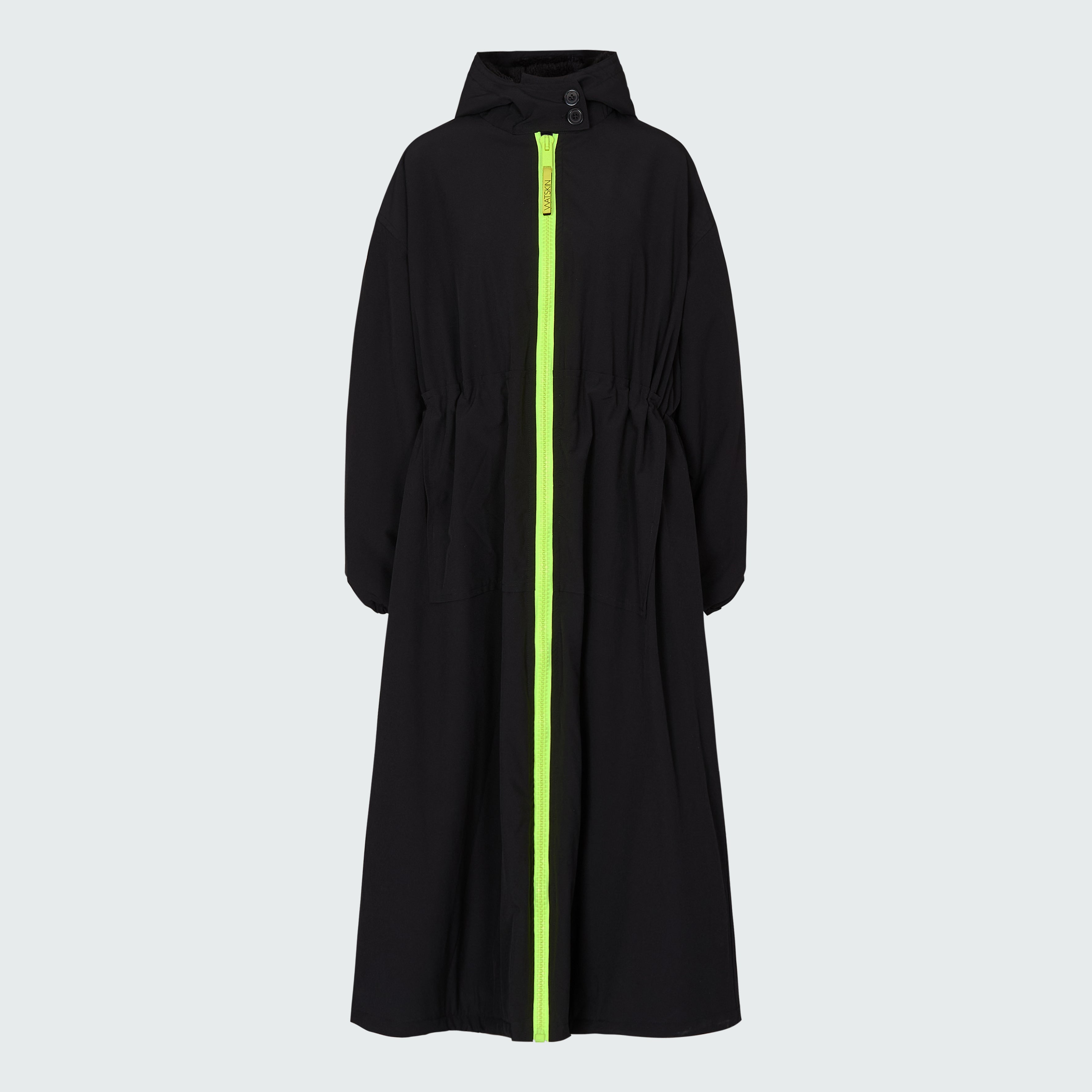 A black hooded long raincoat with yellow zipper.