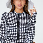Ryann Bodysuit in Houndstooth Closeup wearing Hat
