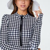 Ryann Bodysuit in Houndstooth Closeup wearing Hat