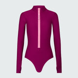 Long sleeve bodysuit in dark berry with a pink front zipper.