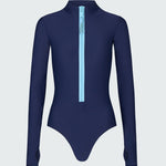 A navy blue long-sleeve bodysuit with a light blue front zipper.