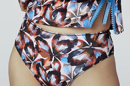 Blue & orange floral print Sasha long-sleeve rashguard & Belle bikini bottom, Flutter Petals