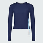 A navy blue long-sleeve top with a light blue side zipper.