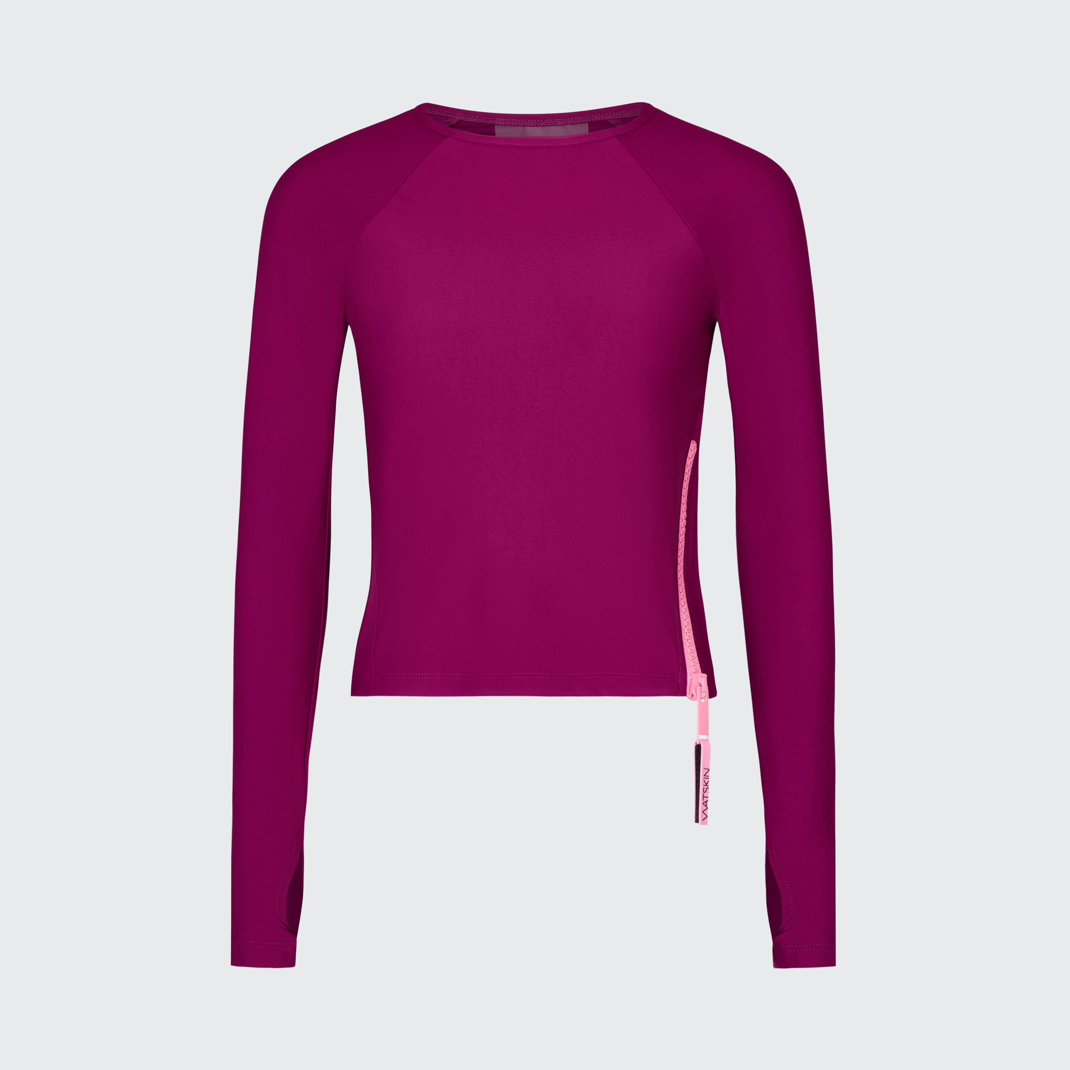 Long sleeve sun protective tee in dark berry with pink side zipper.