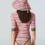Back view: pink & green wavy stripe wide-brim hat, short-sleeve swim top, bikini bottom