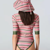 Back view: pink & green wavy stripe wide-brim hat, short-sleeve swim top, bikini bottom