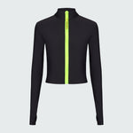 Long sleeve mock neck zip front black rashguard with a yellow zipper.