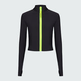 Long sleeve mock neck zip front black rashguard with a yellow zipper.
