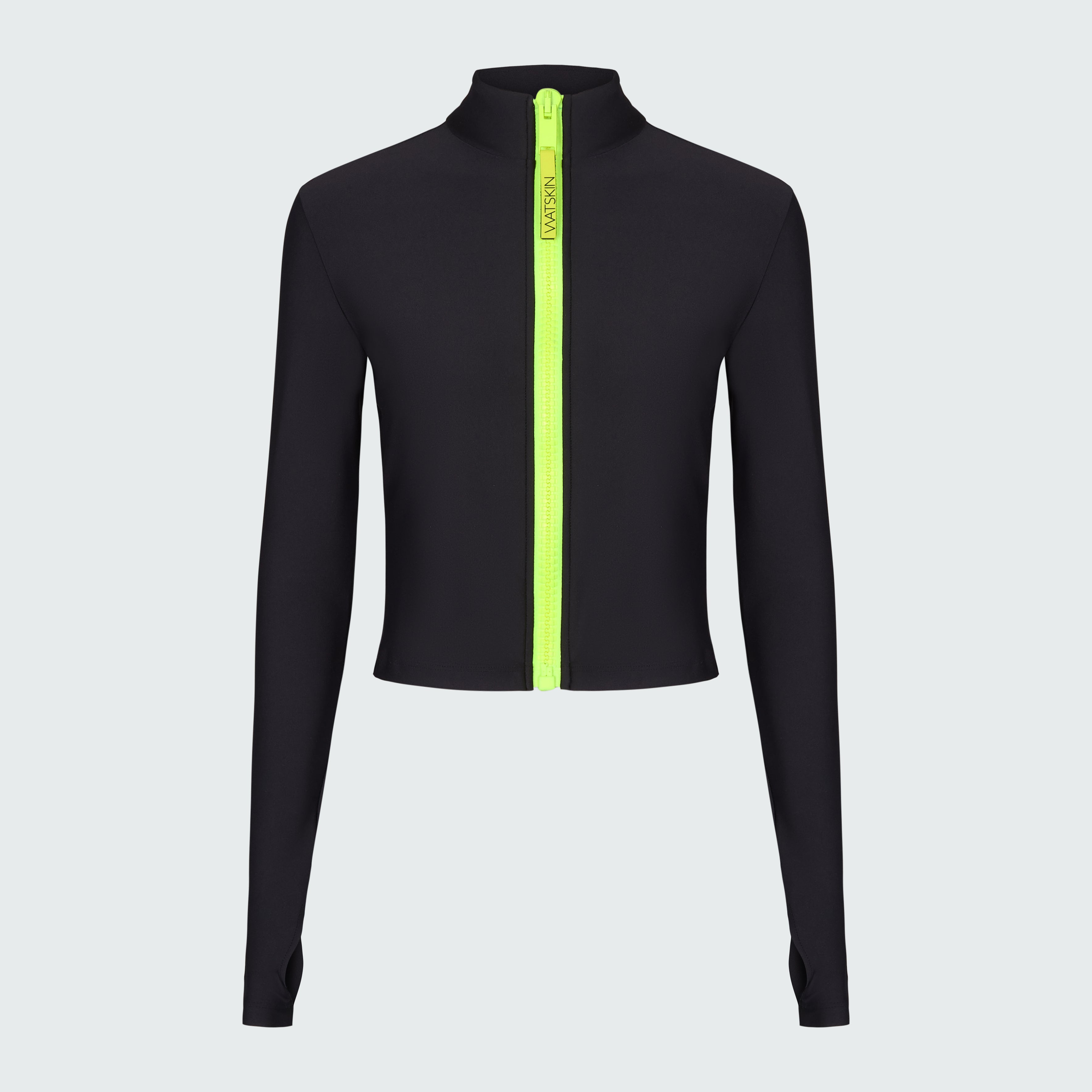 Long sleeve mock neck zip front black rashguard with a yellow zipper.