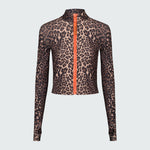 A long sleeve leopard print zip front rashguard.