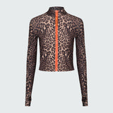A long sleeve leopard print zip front rashguard.