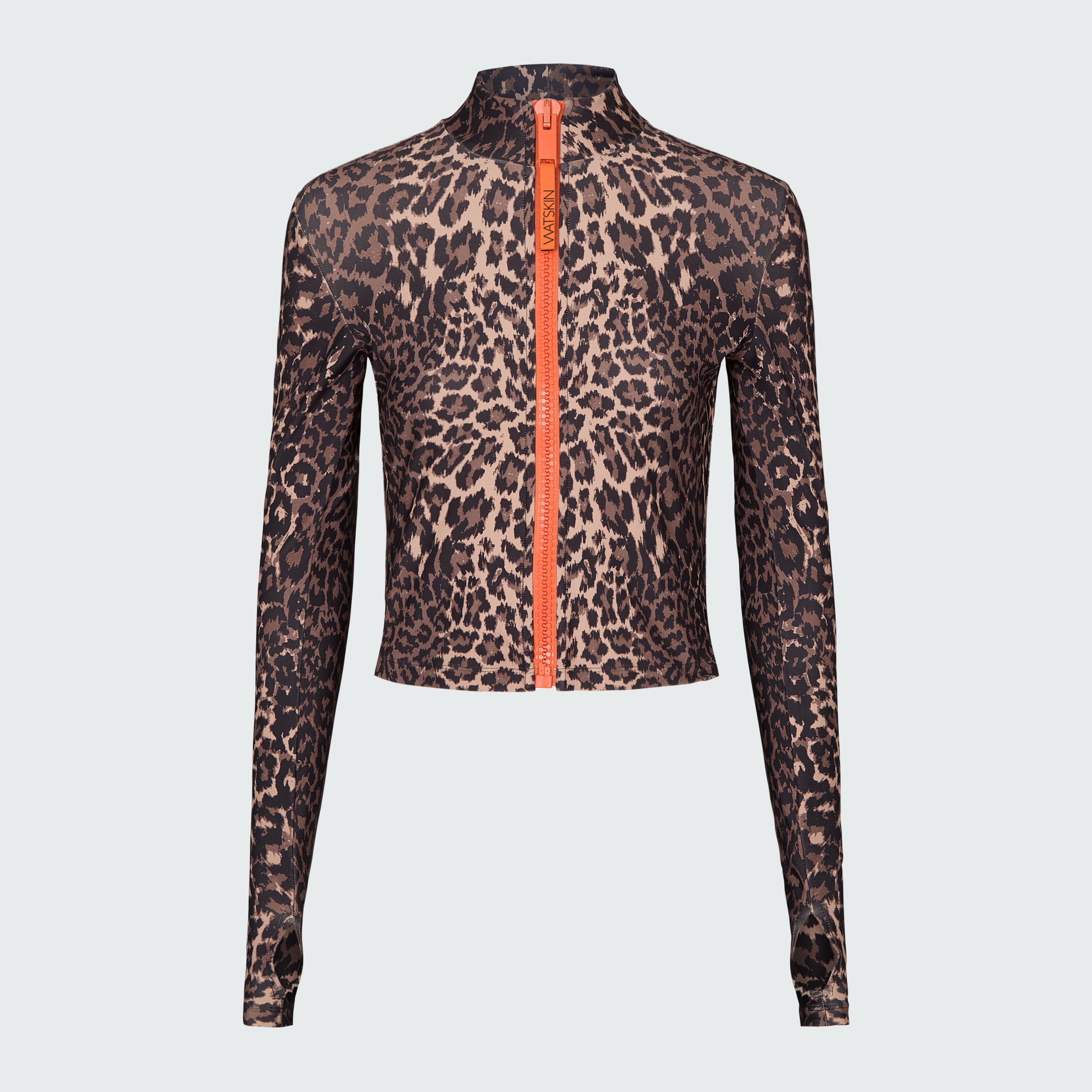 A long sleeve leopard print zip front rashguard.
