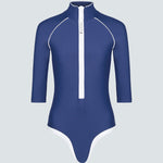Blue and white swimsuit with a white zipper and trim on a gray background