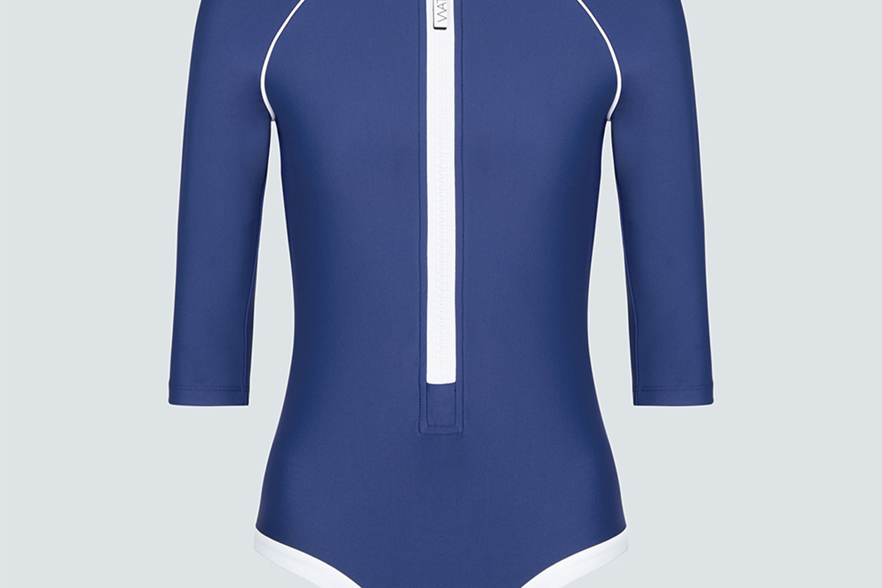 Blue and white swimsuit with a white zipper and trim on a gray background