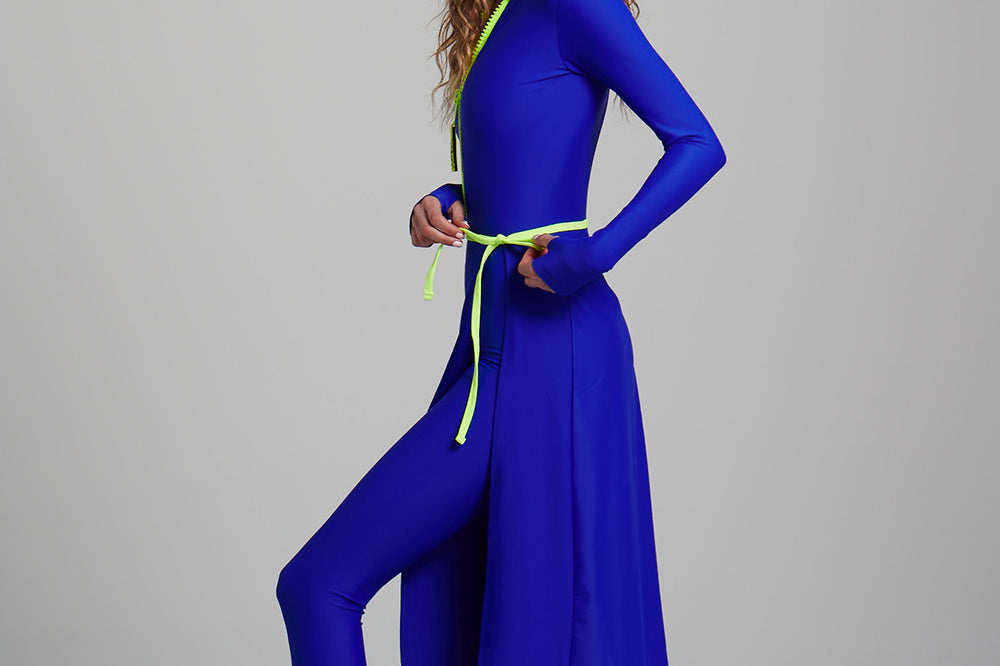 Right Side View of the Watskin Olivia Wrap Suit in Azul Blue