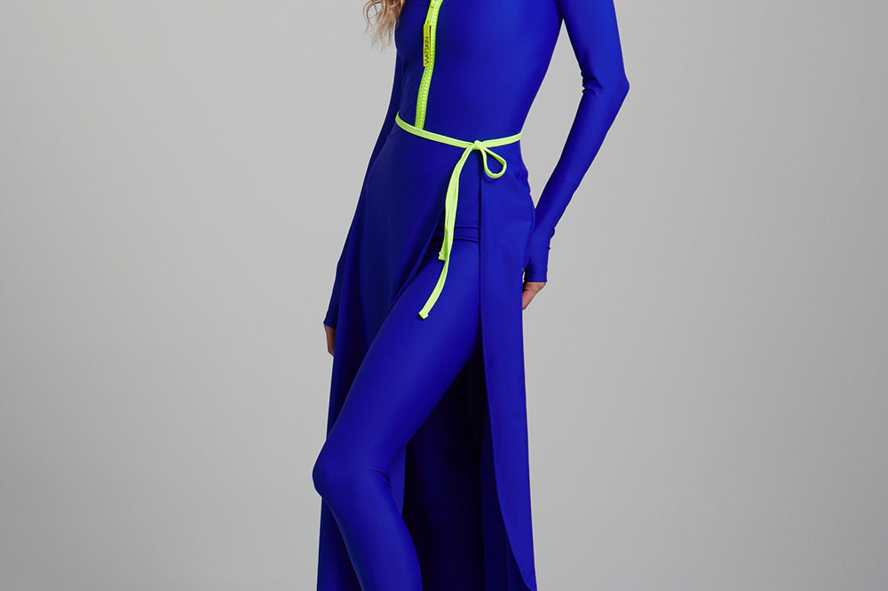 Nadia in the Watskin Olivia Wrap Suit in Azul Blue