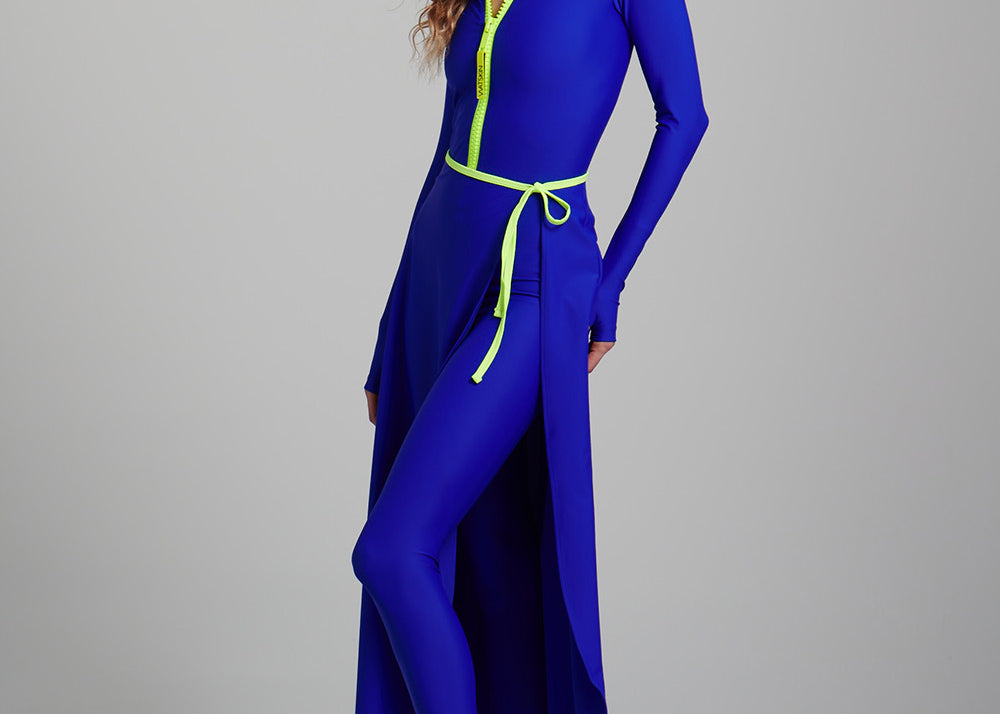 Nadia in the Watskin Olivia Wrap Suit in Azul Blue