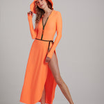 Nadia in the Watskin Olivia Wrap Suit and Sasha Hat in Orange