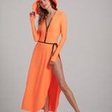 Nadia in the Watskin Olivia Wrap Suit and Sasha Hat in Orange