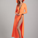 Front View of the Watskin Olivia Wrap Suit and Sasha Hat in Orange