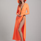 Front View of the Watskin Olivia Wrap Suit and Sasha Hat in Orange